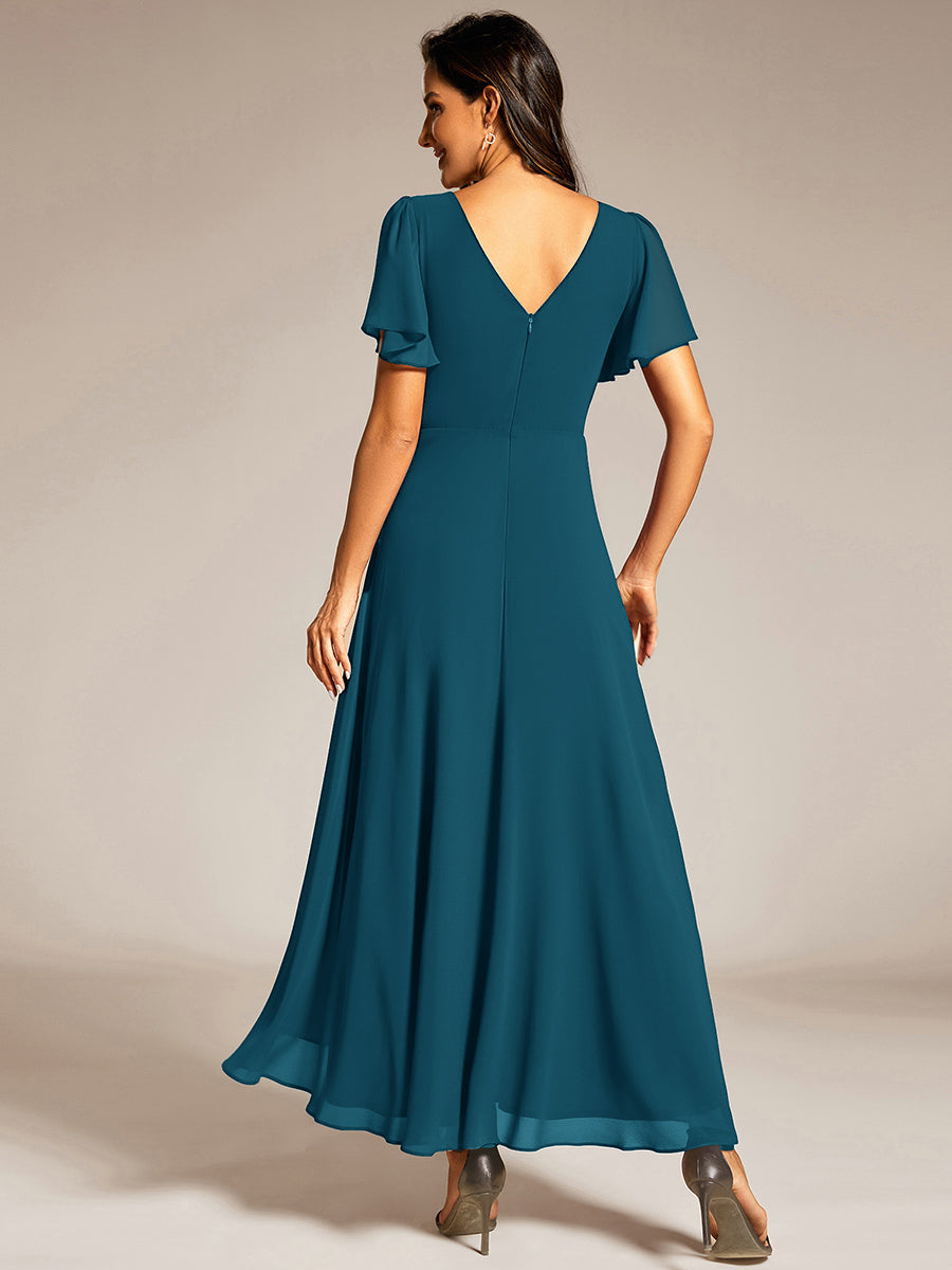 Robe de soirée formelle en mousseline de soie à double col en V et taille ajustée #Couleur_Bleu Canard