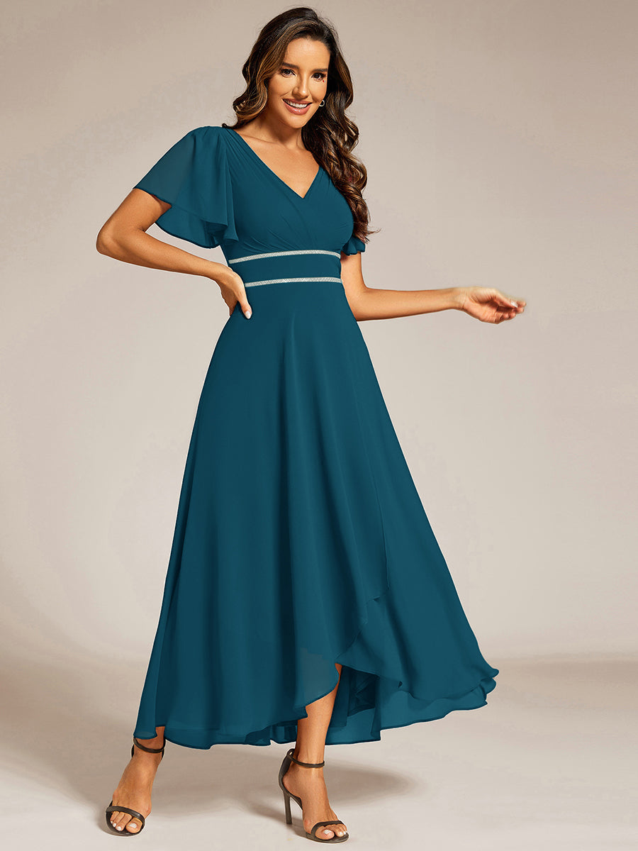 Robe de soirée formelle en mousseline de soie à double col en V et taille ajustée #Couleur_Bleu Canard