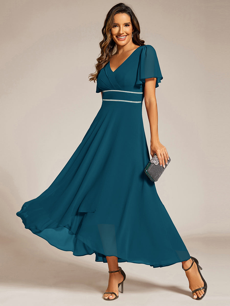 Robe de soirée formelle en mousseline de soie à double col en V et taille ajustée #Couleur_Bleu Canard