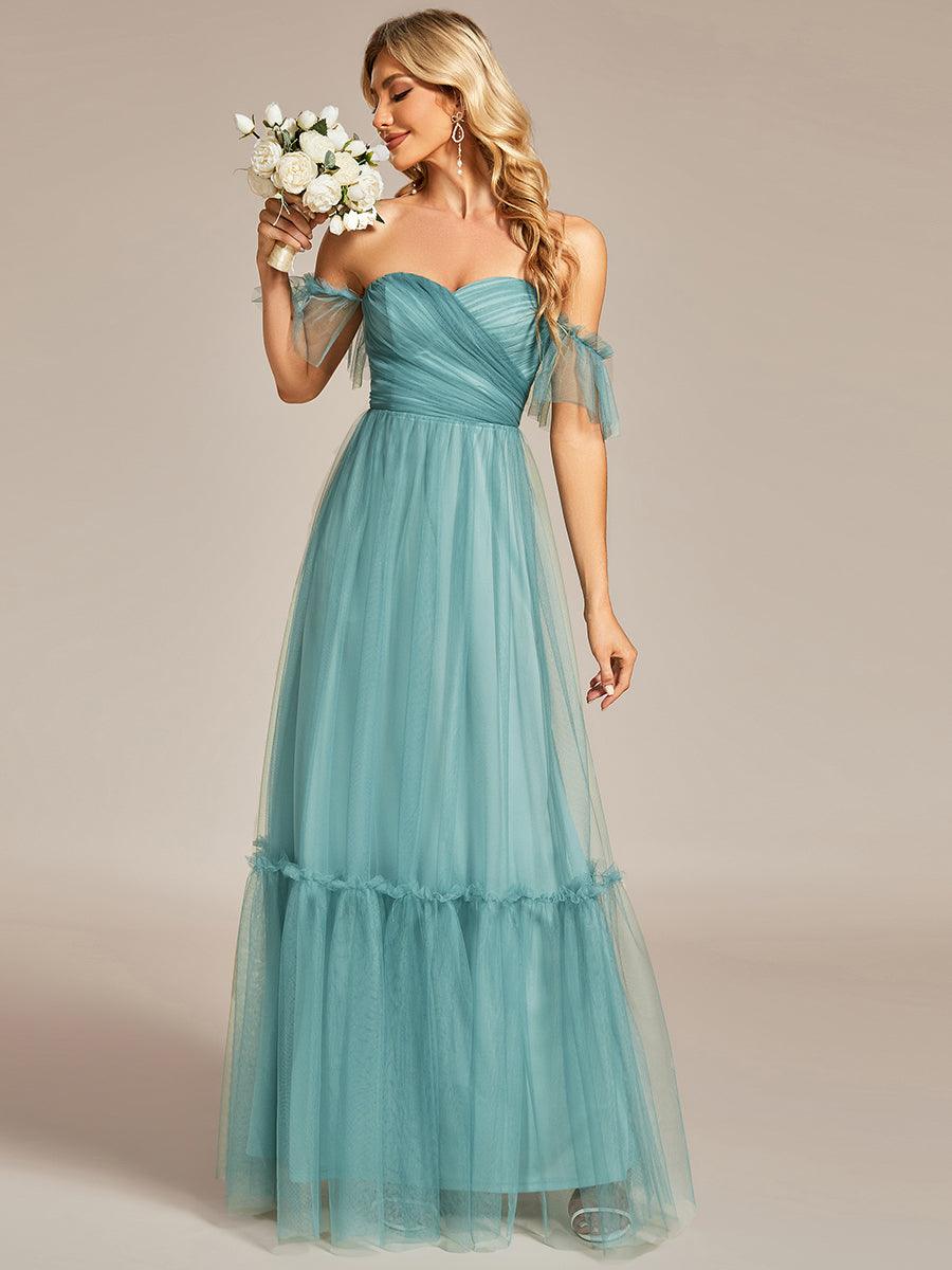 Taille personnalisée Robe de soirée Tulle plissée épaules dénudées #Couleur_Bleu Fume