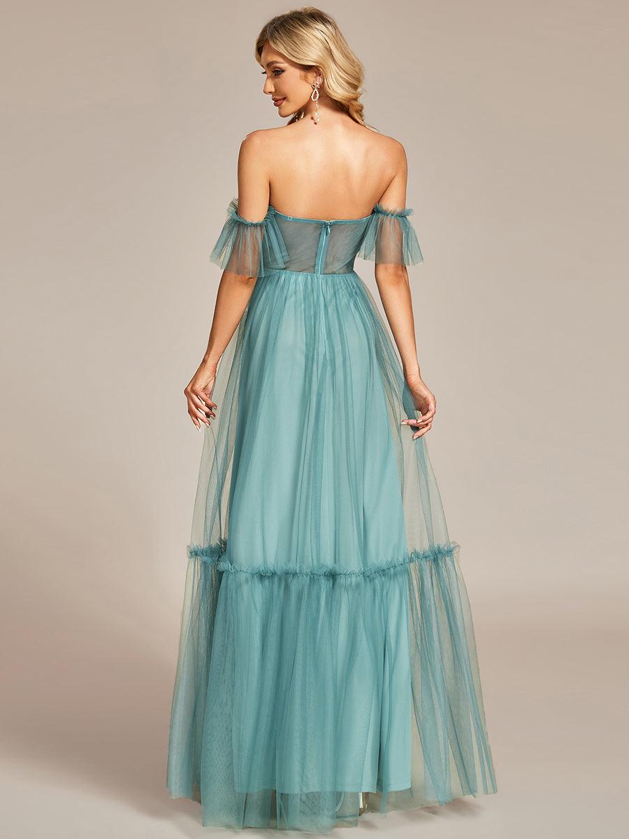 Taille personnalisée Robe de soirée Tulle plissée épaules dénudées #Couleur_Bleu Fume