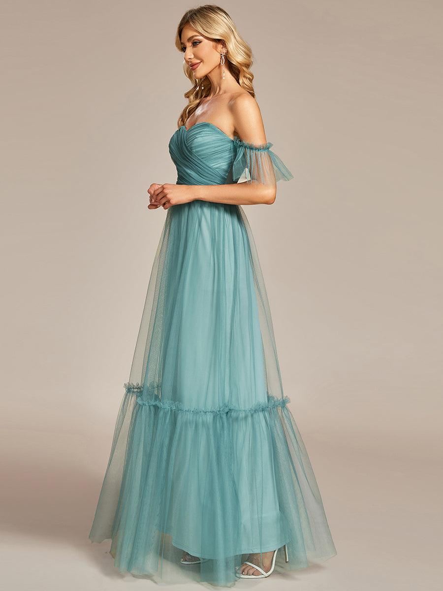 Taille personnalisée Robe de soirée Tulle plissée épaules dénudées #Couleur_Bleu Fume