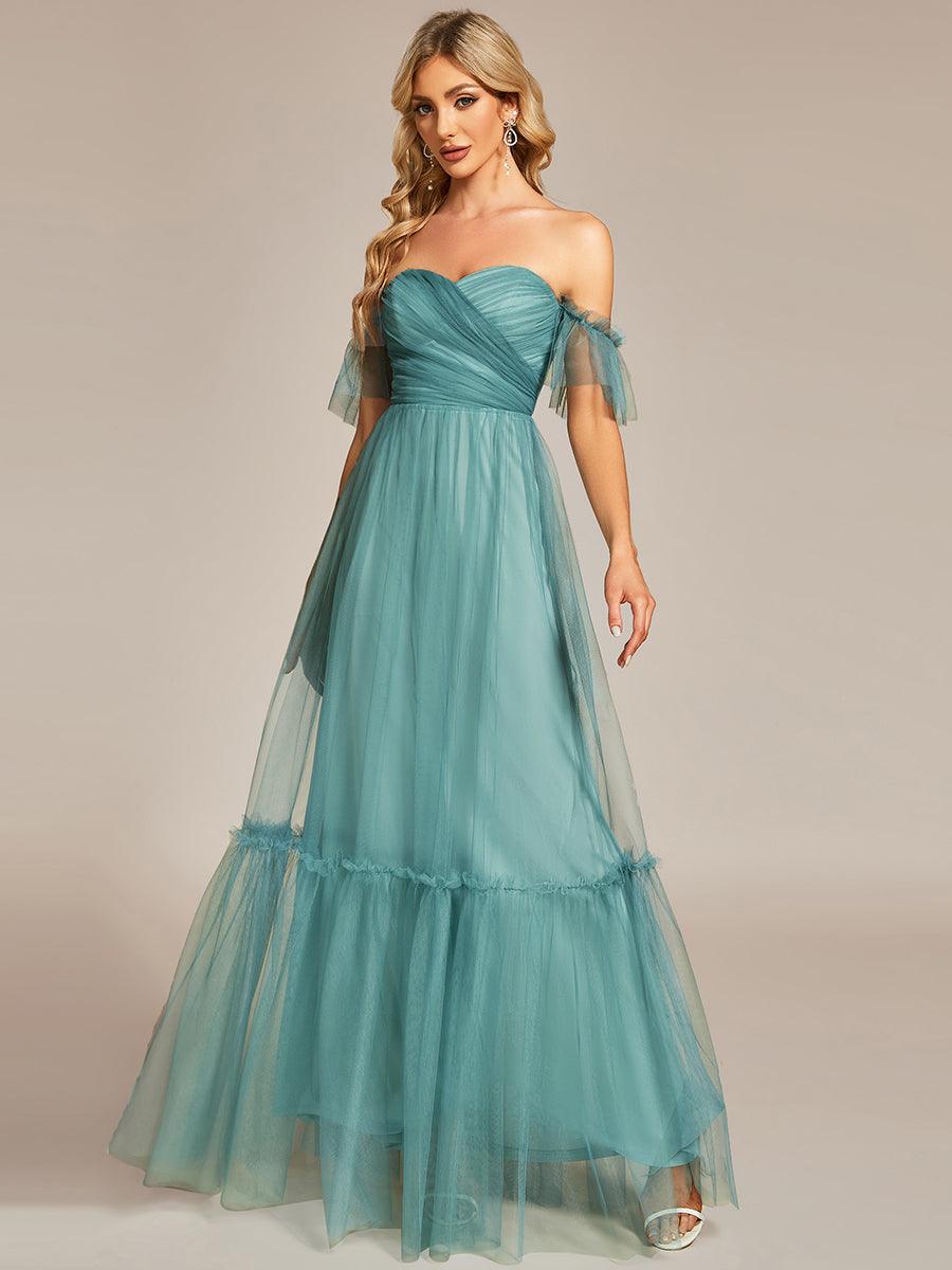 Taille personnalisée Robe de soirée Tulle plissée épaules dénudées #Couleur_Bleu Fume