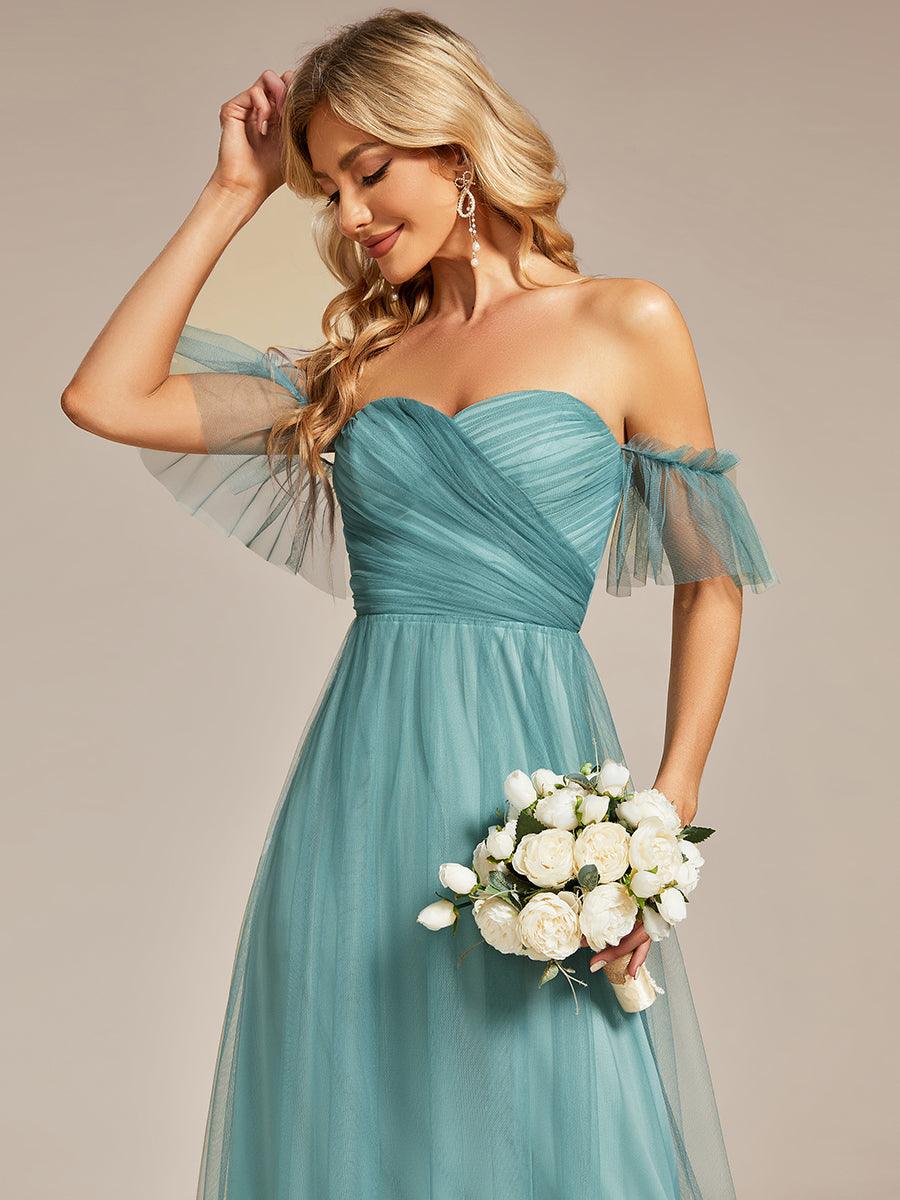 Taille personnalisée Robe de soirée Tulle plissée épaules dénudées #Couleur_Bleu Fume