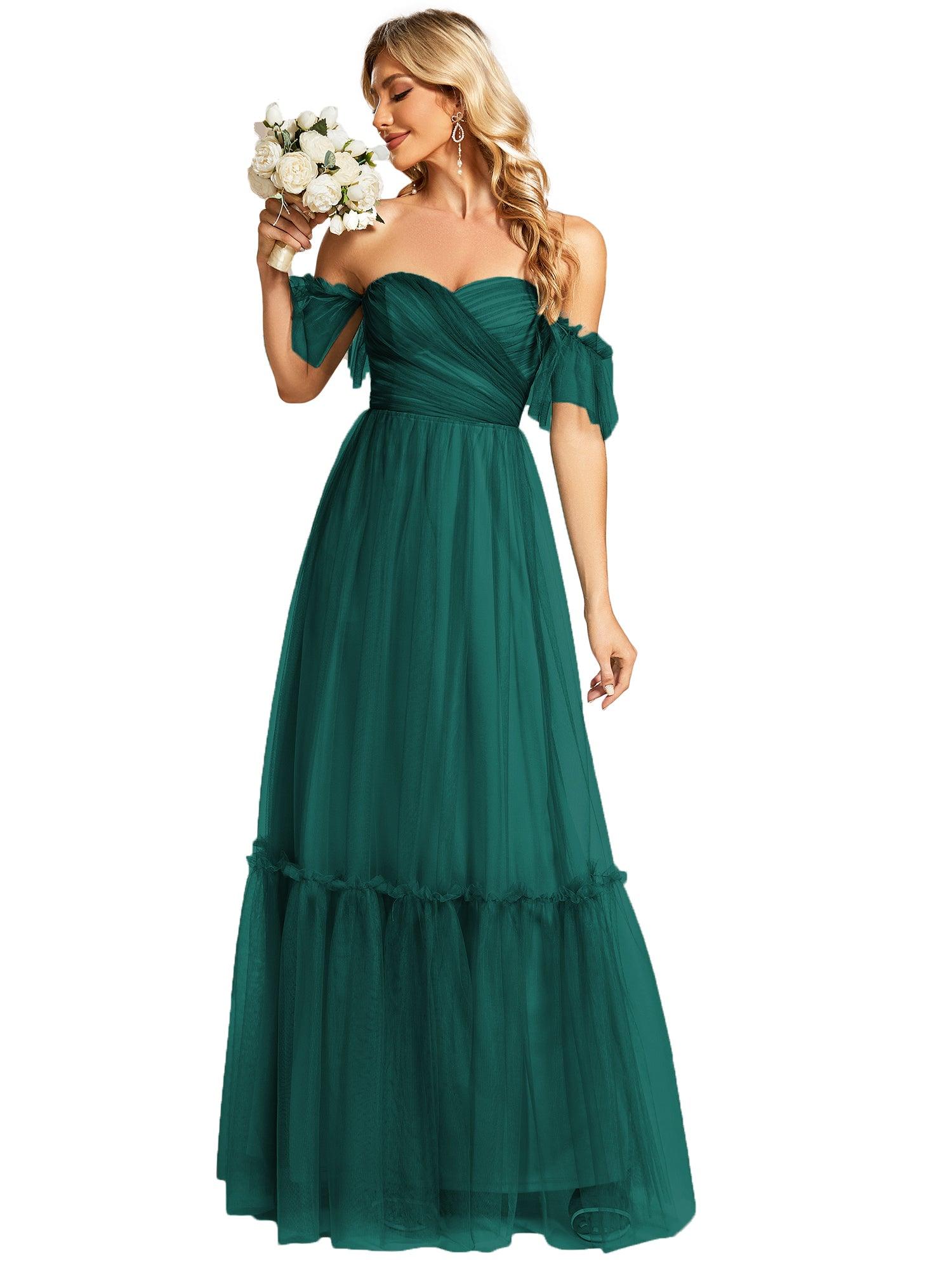 Taille personnalisée Robe de soirée Tulle plissée épaules dénudées #Couleur_Vert Fonce