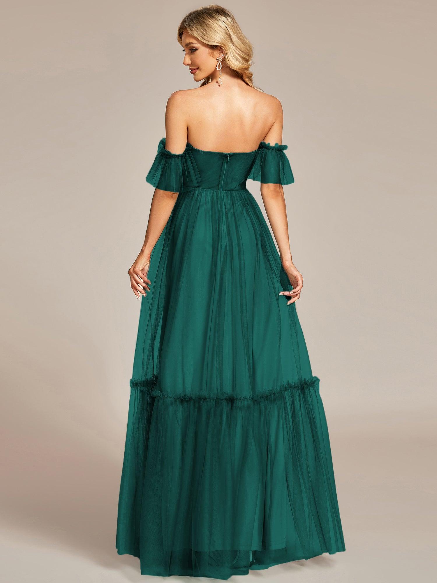Taille personnalisée Robe de soirée Tulle plissée épaules dénudées #Couleur_Vert Fonce