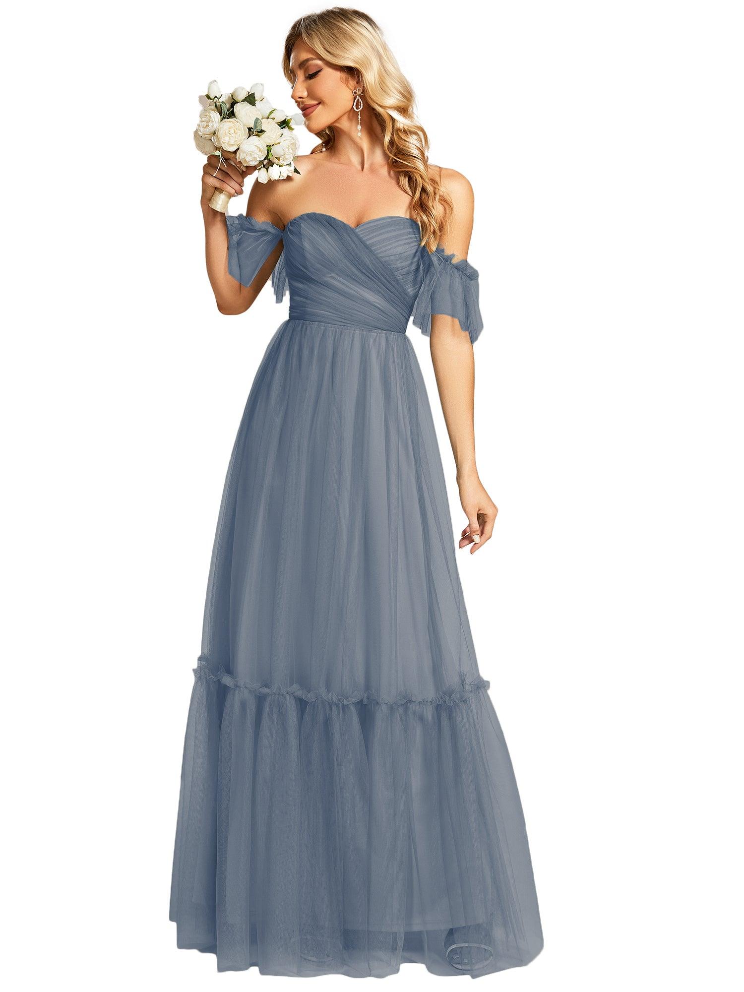 Taille personnalisée Robe de soirée Tulle plissée épaules dénudées #Couleur_Marine Fume