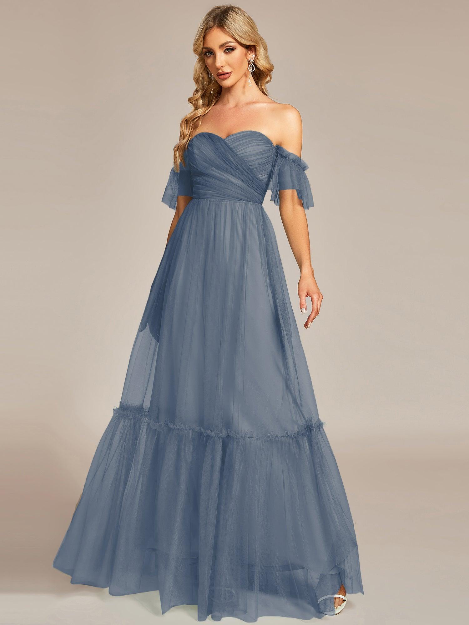 Taille personnalisée Robe de soirée Tulle plissée épaules dénudées #Couleur_Marine Fume