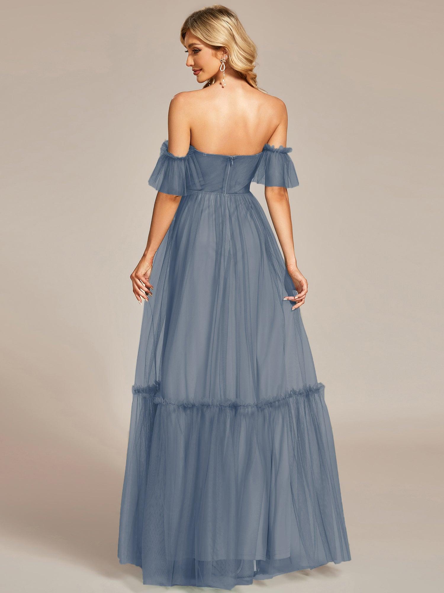 Taille personnalisée Robe de soirée Tulle plissée épaules dénudées #Couleur_Marine Fume