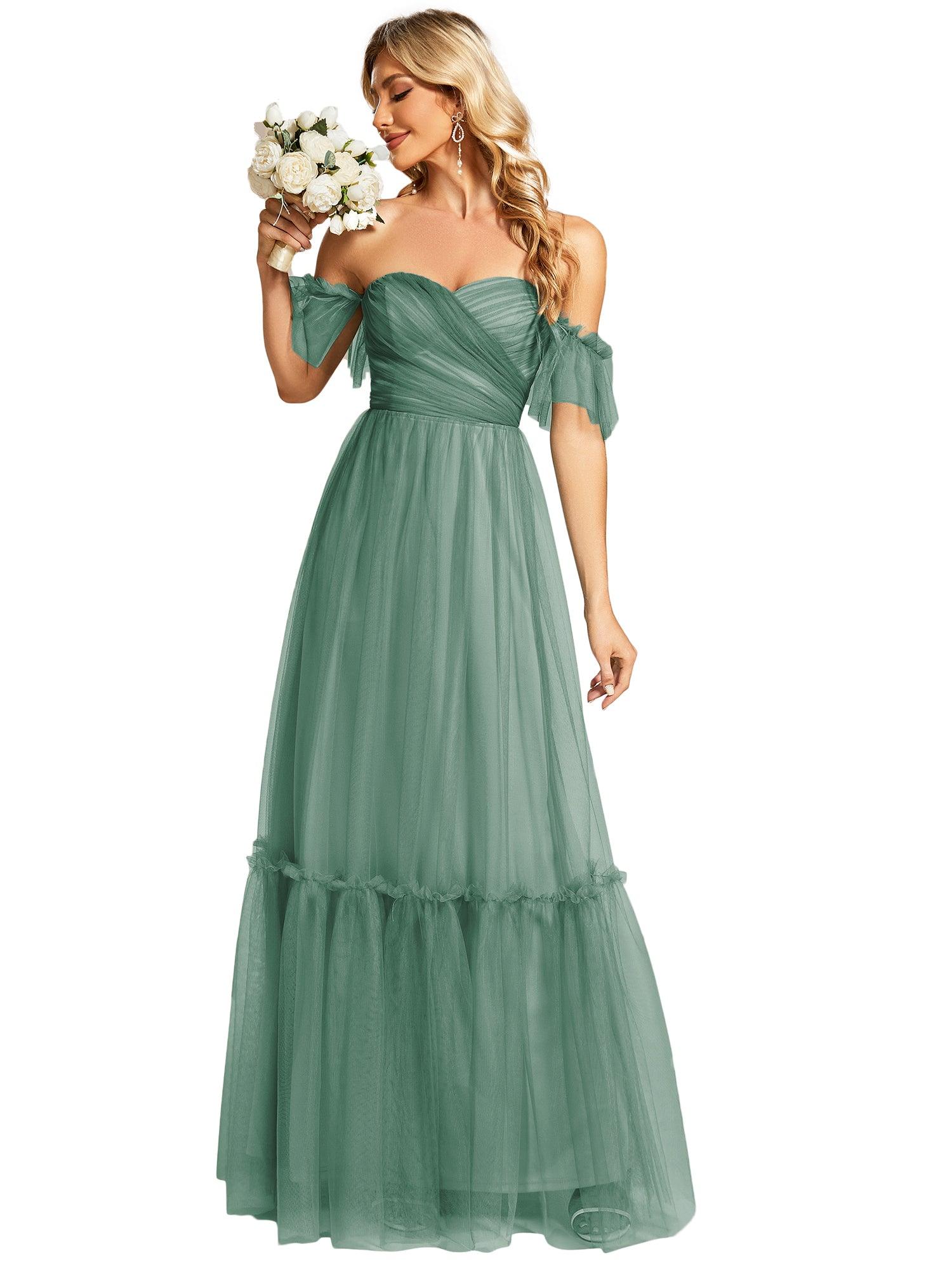 Taille personnalisée Robe de soirée Tulle plissée épaules dénudées #Couleur_Haricot Vert