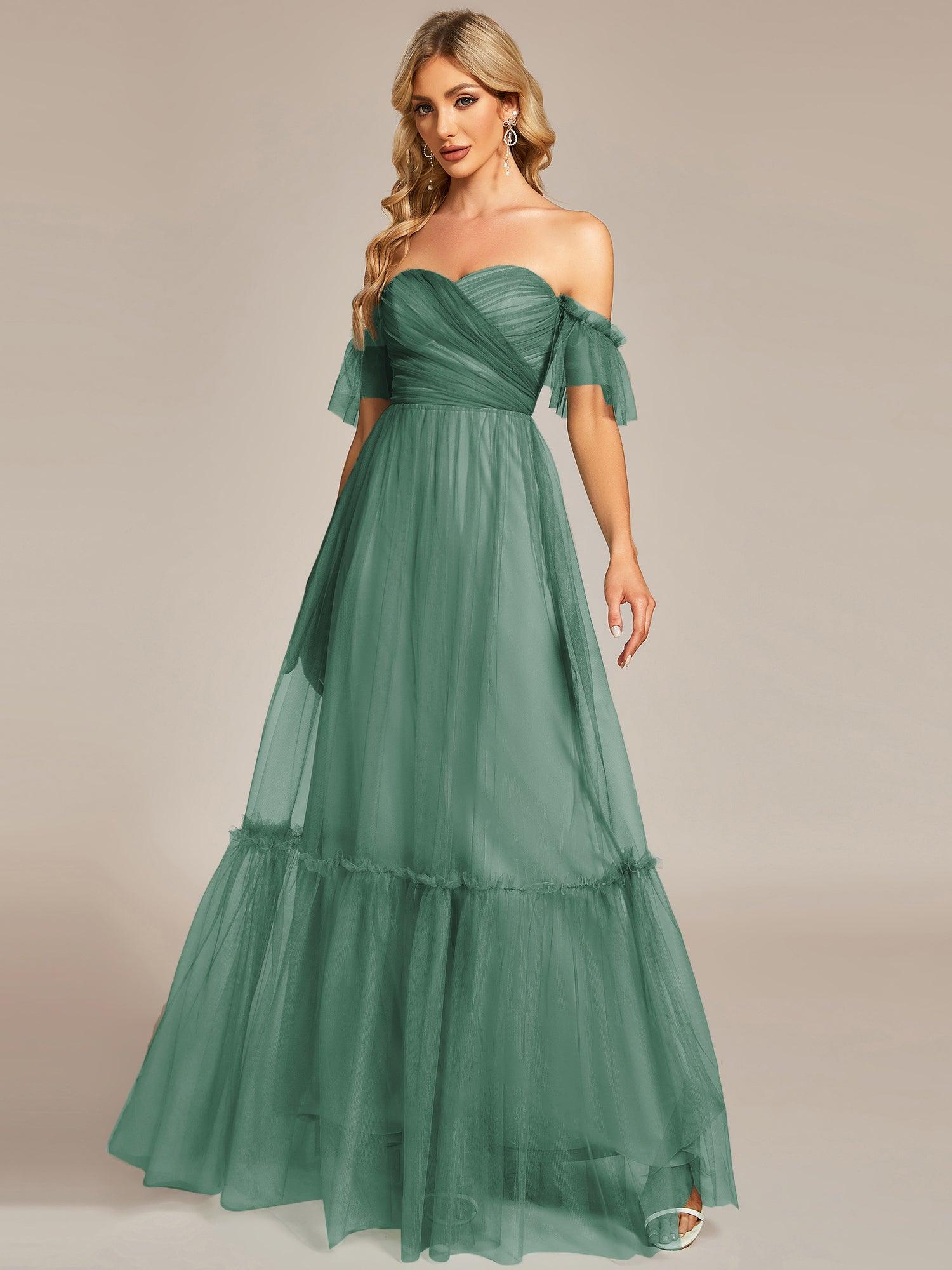 Taille personnalisée Robe de soirée Tulle plissée épaules dénudées #Couleur_Haricot Vert