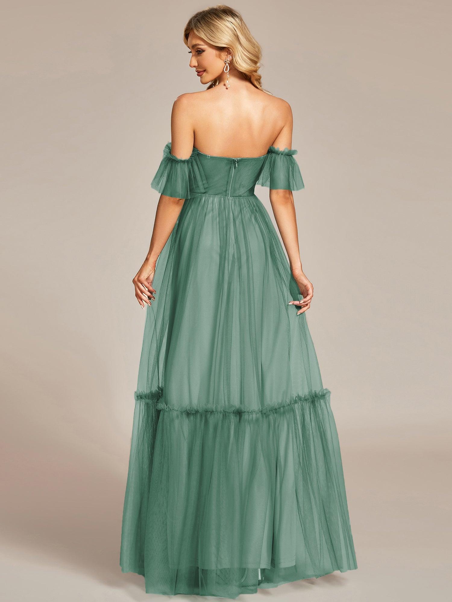 Taille personnalisée Robe de soirée Tulle plissée épaules dénudées #Couleur_Haricot Vert