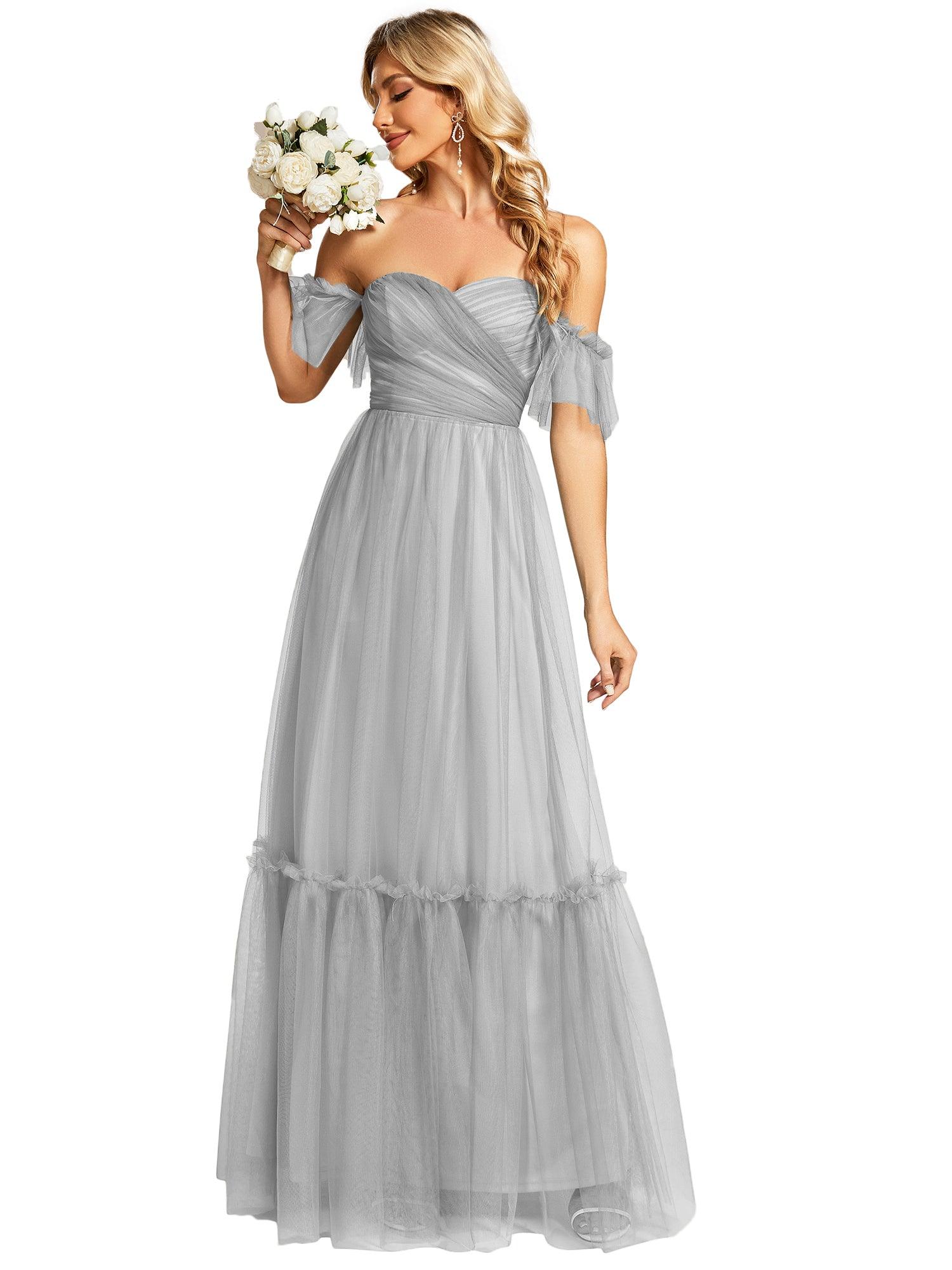 Taille personnalisée Robe de soirée Tulle plissée épaules dénudées #Couleur_Gris