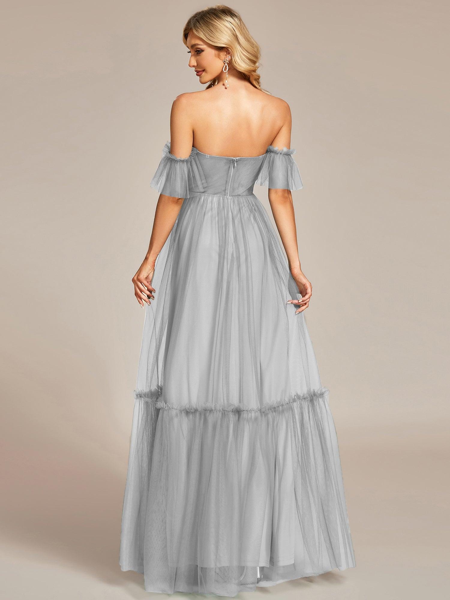 Taille personnalisée Robe de soirée Tulle plissée épaules dénudées #Couleur_Gris