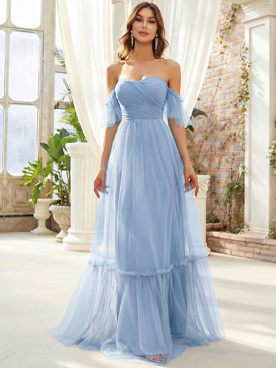 Robe de soirée en tulle plissée à épaules dénudées #Couleur_Bleu Glace
