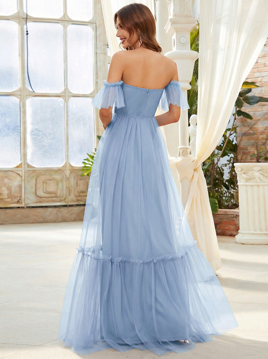 Robe Mariage Invitée en tulle plissée à épaules dénudées #Couleur_Bleu Glace