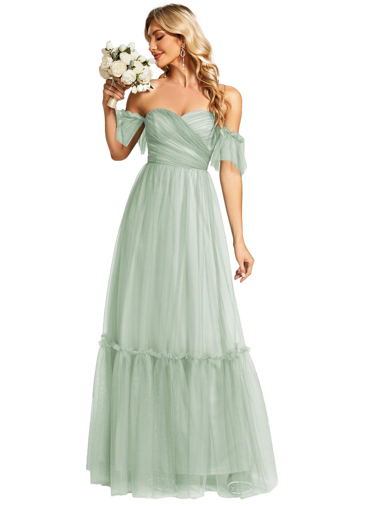 Taille personnalisée Robe de soirée Tulle plissée épaules dénudées #Couleur_Menthe Verte