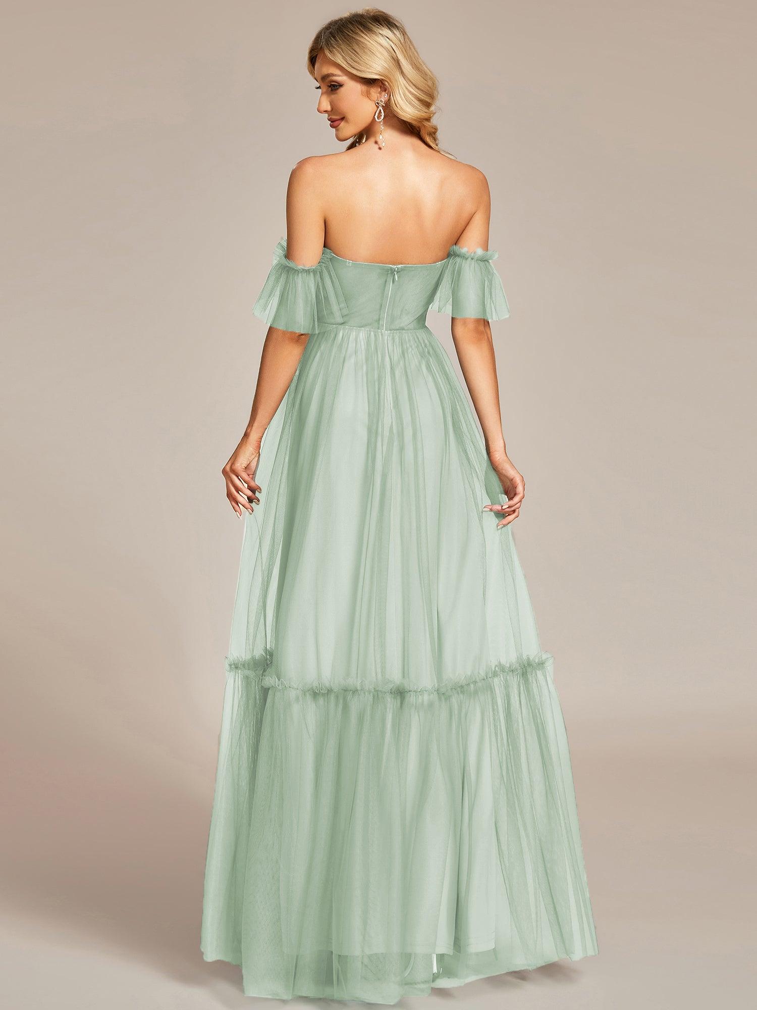 Taille personnalisée Robe de soirée Tulle plissée épaules dénudées #Couleur_Menthe Verte