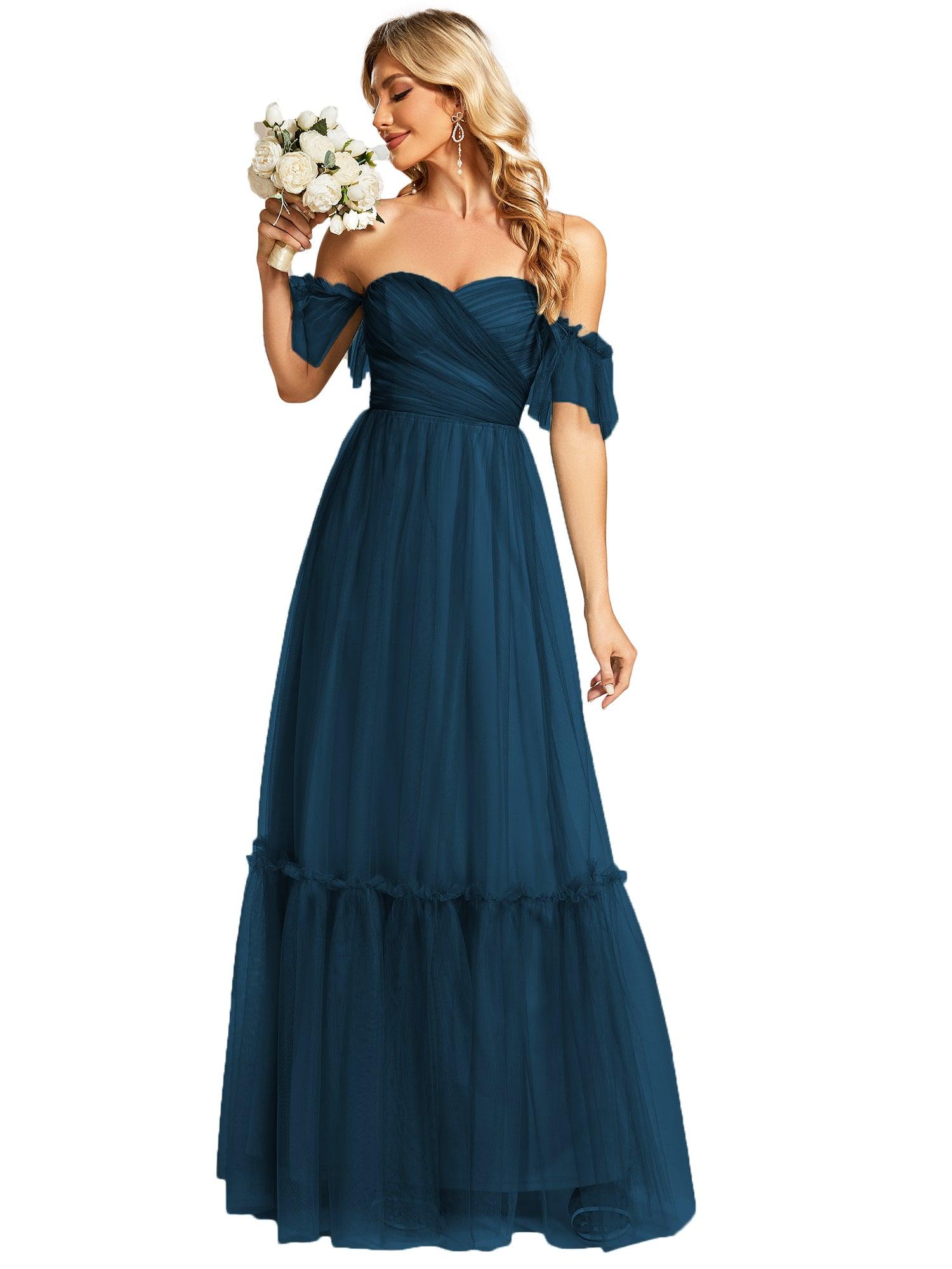 Taille personnalisée Robe de soirée Tulle plissée épaules dénudées #Couleur_Bleu Sarcelle
