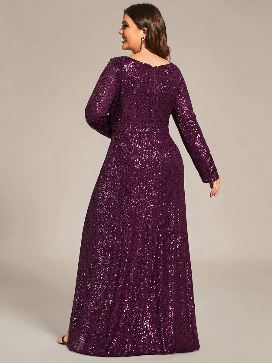 Robe de soir¨¦e manches longues col en V ¨¤ sequins ourlet asym¨¦trique #Couleur_Violet Fonce