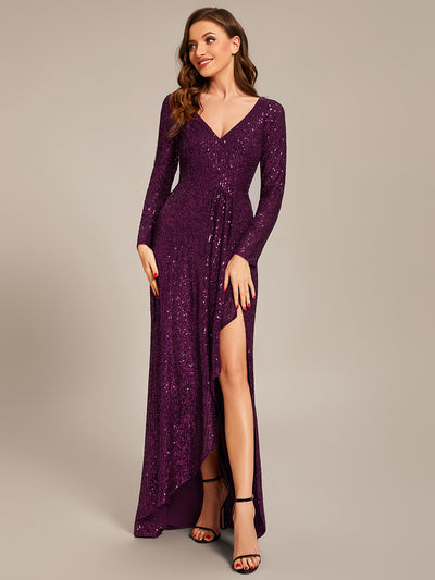 ever SYREN|Robe de soirée à manches longues, col en V, à sequins, ourlet asymétrique (Vente Finale)