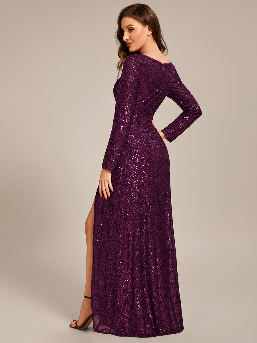 Robe de soir¨¦e manches longues col en V ¨¤ sequins ourlet asym¨¦trique #Couleur_Violet Fonce