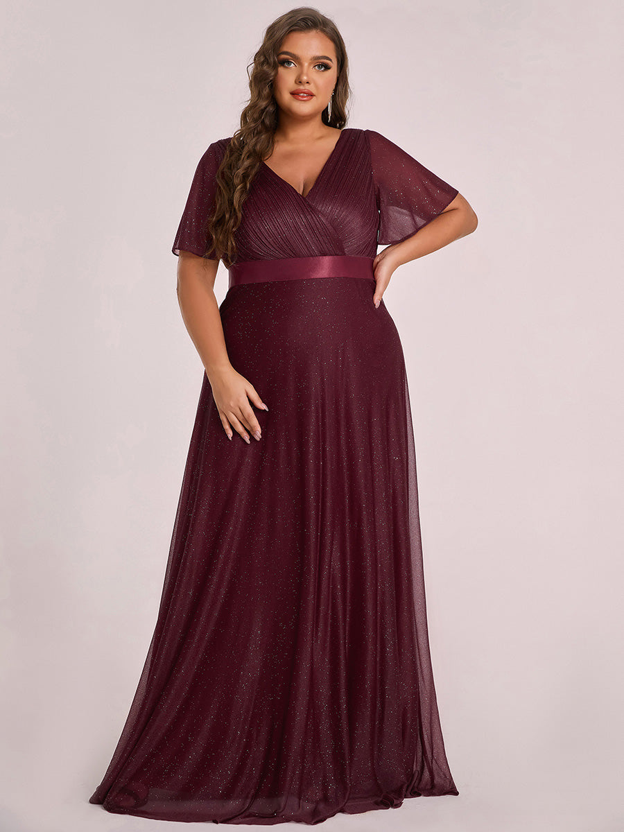Robe de soirée longue scintillante à col en V et à manches flottantes #Couleur_Bordeaux