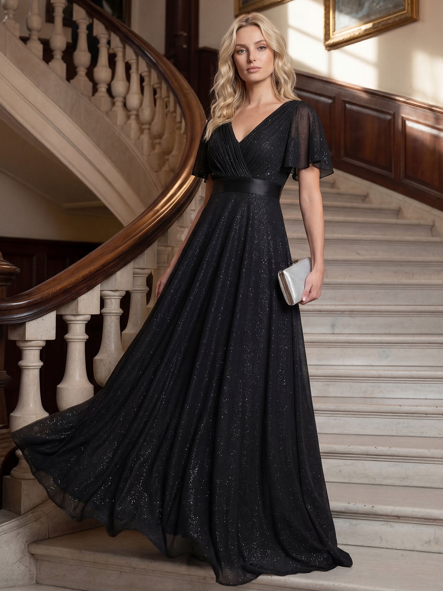 Robe de soirée longue scintillante à col en V et à manches flottantes #Couleur_Noir