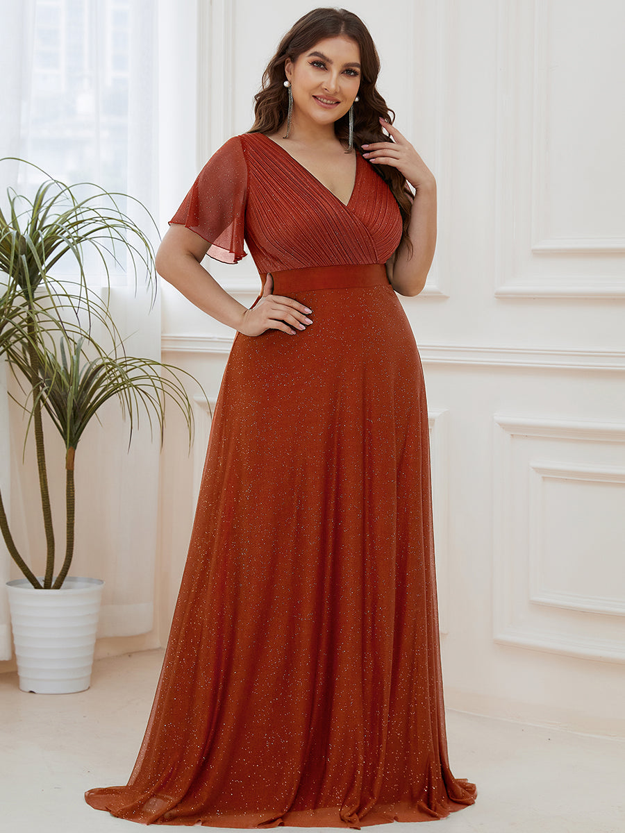 Robe de soirée grande taille manches courtes et col en V #Couleur_Burnt Orange