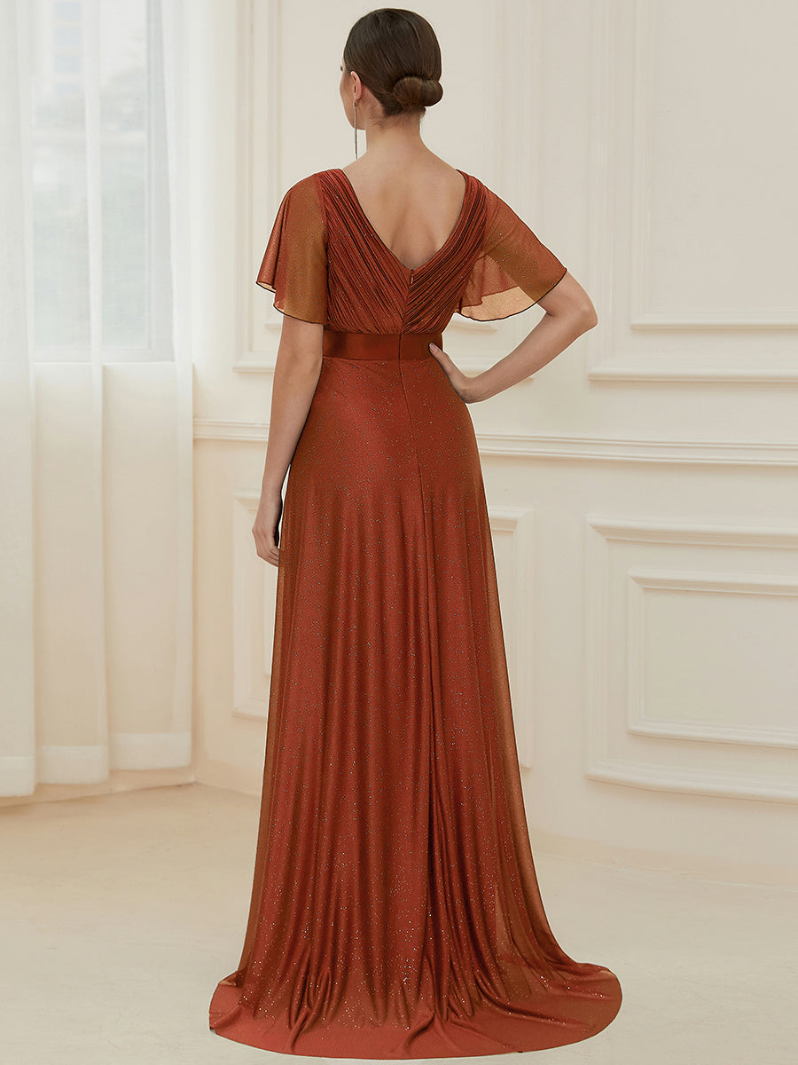 Robe de soirée longue scintillante à col en V et à manches flottantes #Couleur_Burnt Orange