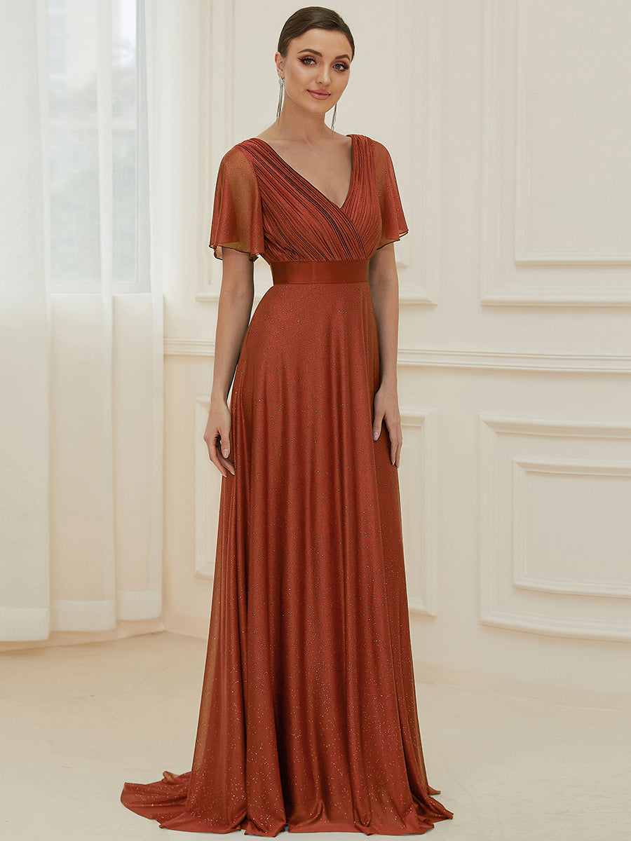 Robe de soirée longue scintillante à col en V et à manches flottantes #Couleur_Burnt Orange