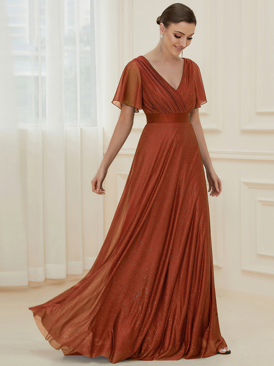 Robe de soirée longue scintillante à col en V et à manches flottantes #Couleur_Burnt Orange