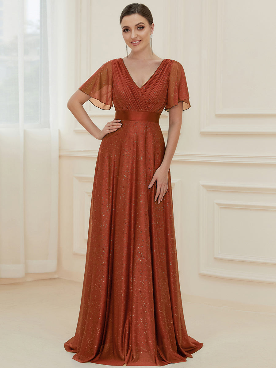 Robe de soirée longue scintillante à col en V et à manches flottantes #Couleur_Burnt Orange