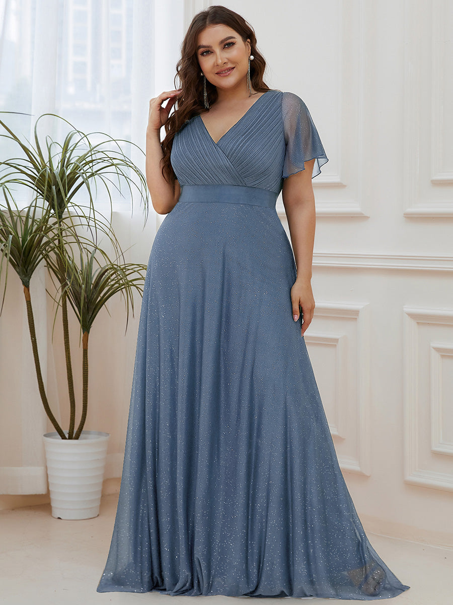 Robe de soirée longue scintillante à col en V et à manches flottantes #Couleur_Marine Fume