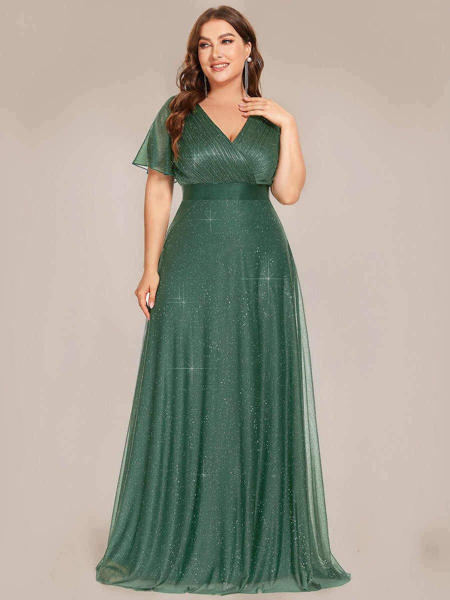 Robe D'invité De Mariage En Mousseline De Soie Mi-Longue Plissée à Manches à Volants Et Col En V  #Couleur_Eucalyptus