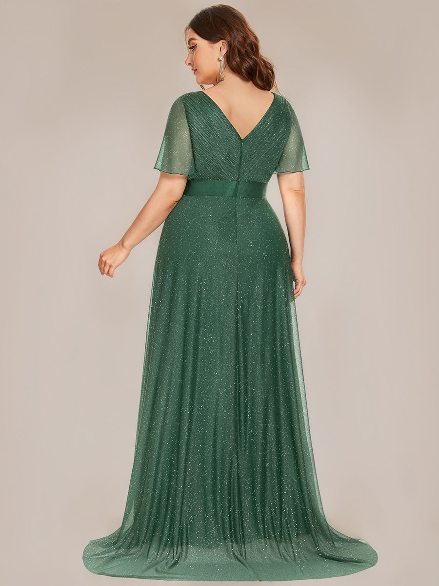 Robe D'invité De Mariage En Mousseline De Soie Mi-Longue Plissée à Manches à Volants Et Col En V  #Couleur_Eucalyptus