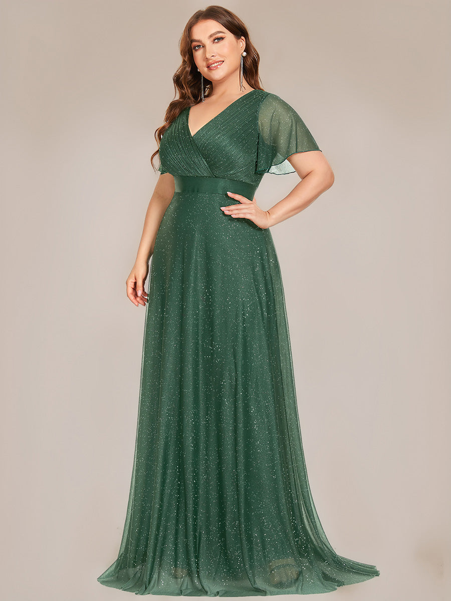Robe D'invité De Mariage En Mousseline De Soie Mi-Longue Plissée à Manches à Volants Et Col En V  #Couleur_Eucalyptus