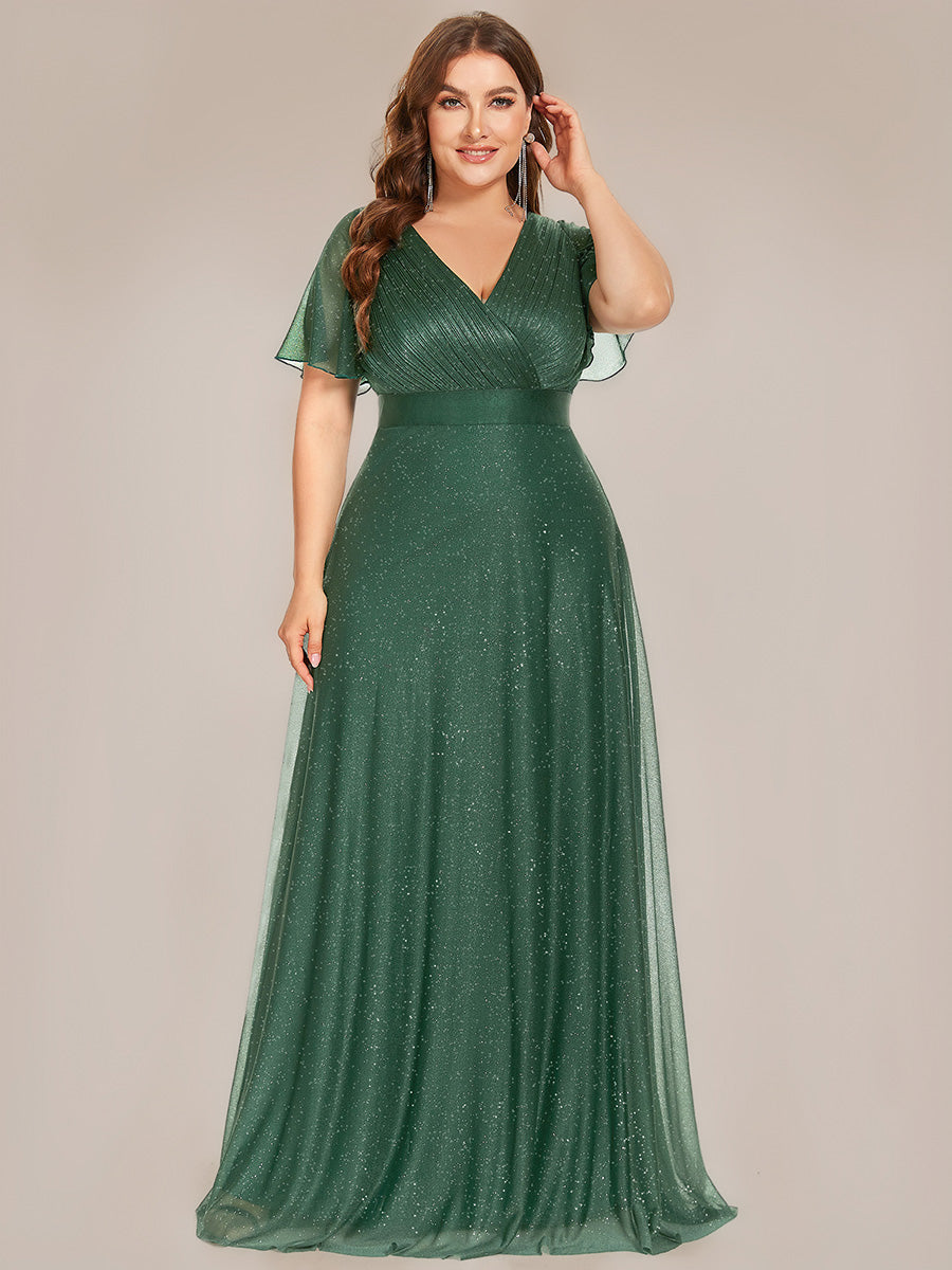 Robe D'invité De Mariage En Mousseline De Soie Mi-Longue Plissée à Manches à Volants Et Col En V  #Couleur_Eucalyptus