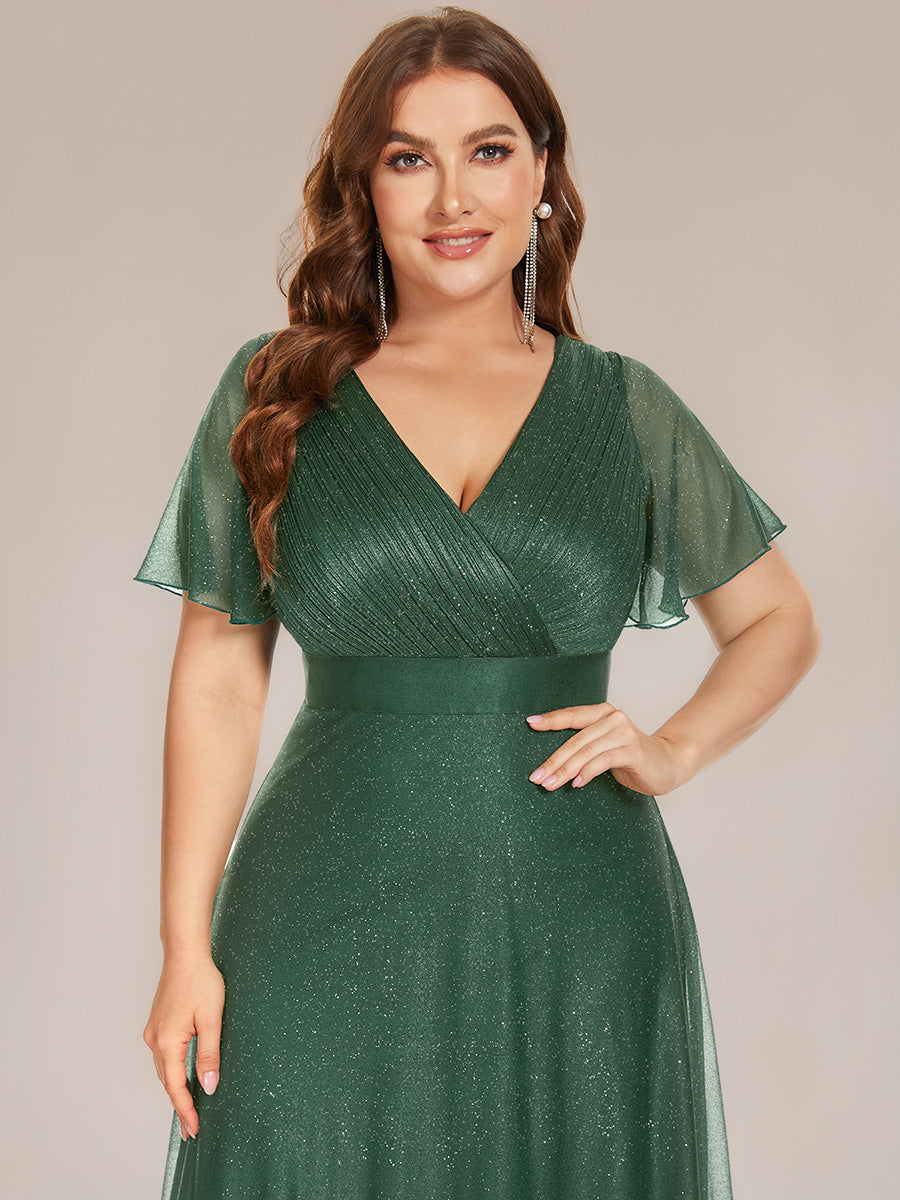 Robe D'invité De Mariage En Mousseline De Soie Mi-Longue Plissée à Manches à Volants Et Col En V  #Couleur_Eucalyptus