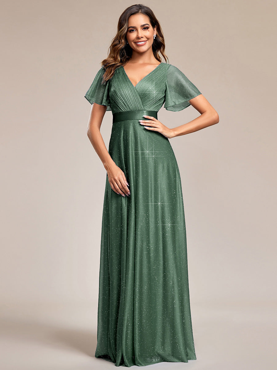 Robe D'invité De Mariage En Mousseline De Soie Mi-Longue Plissée à Manches à Volants Et Col En V  #Couleur_Eucalyptus