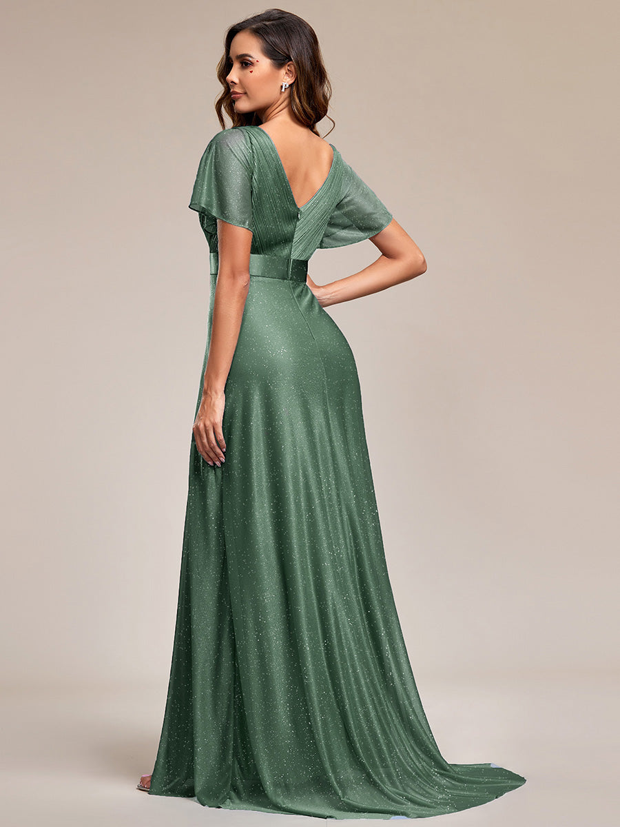 Robe D'invité De Mariage En Mousseline De Soie Mi-Longue Plissée à Manches à Volants Et Col En V  #Couleur_Eucalyptus
