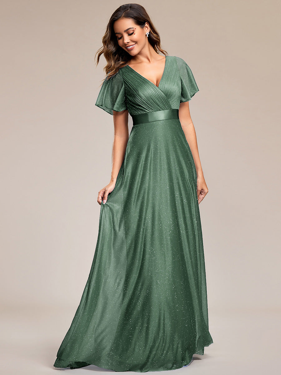 Robe D'invité De Mariage En Mousseline De Soie Mi-Longue Plissée à Manches à Volants Et Col En V  #Couleur_Eucalyptus