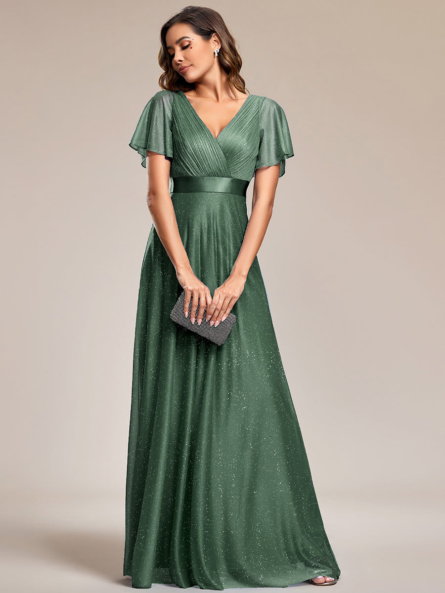 Robe D'invité De Mariage En Mousseline De Soie Mi-Longue Plissée à Manches à Volants Et Col En V  #Couleur_Eucalyptus