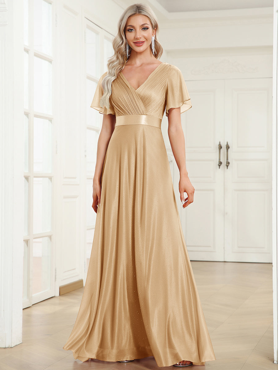 Robe D'invité De Mariage En Mousseline De Soie Mi-Longue Plissée à Manches à Volants Et Col En V  #Couleur_Dorée