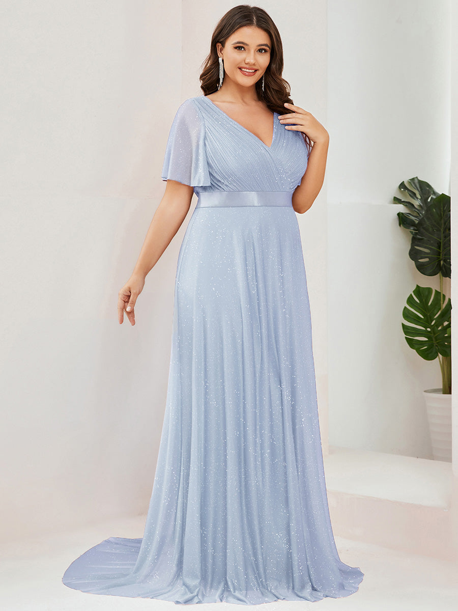 Robe D'invité De Mariage En Mousseline De Soie Mi-Longue Plissée à Manches à Volants Et Col En V  #Couleur_Bleu Glace