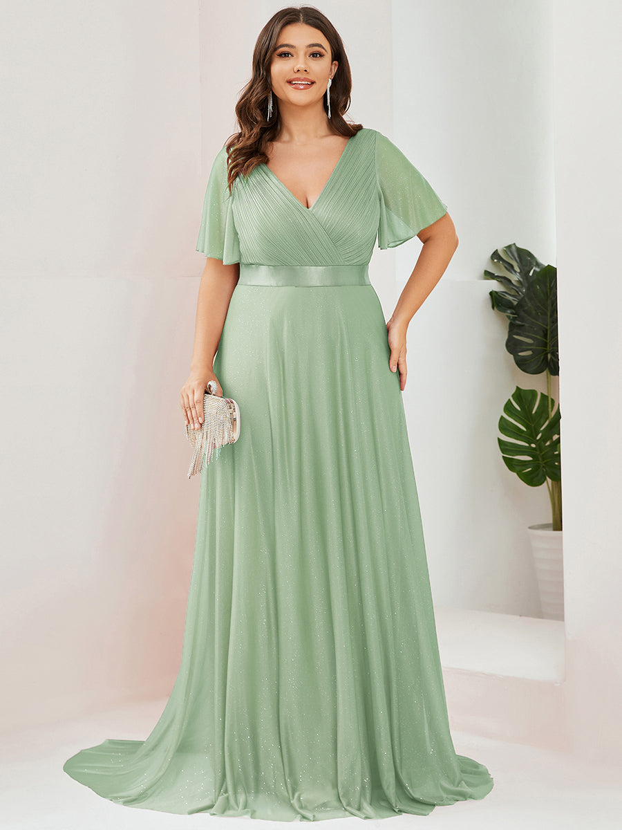 Robe de soirée longue scintillante à col en V et à manches flottantes #Couleur_Menthe Verte
