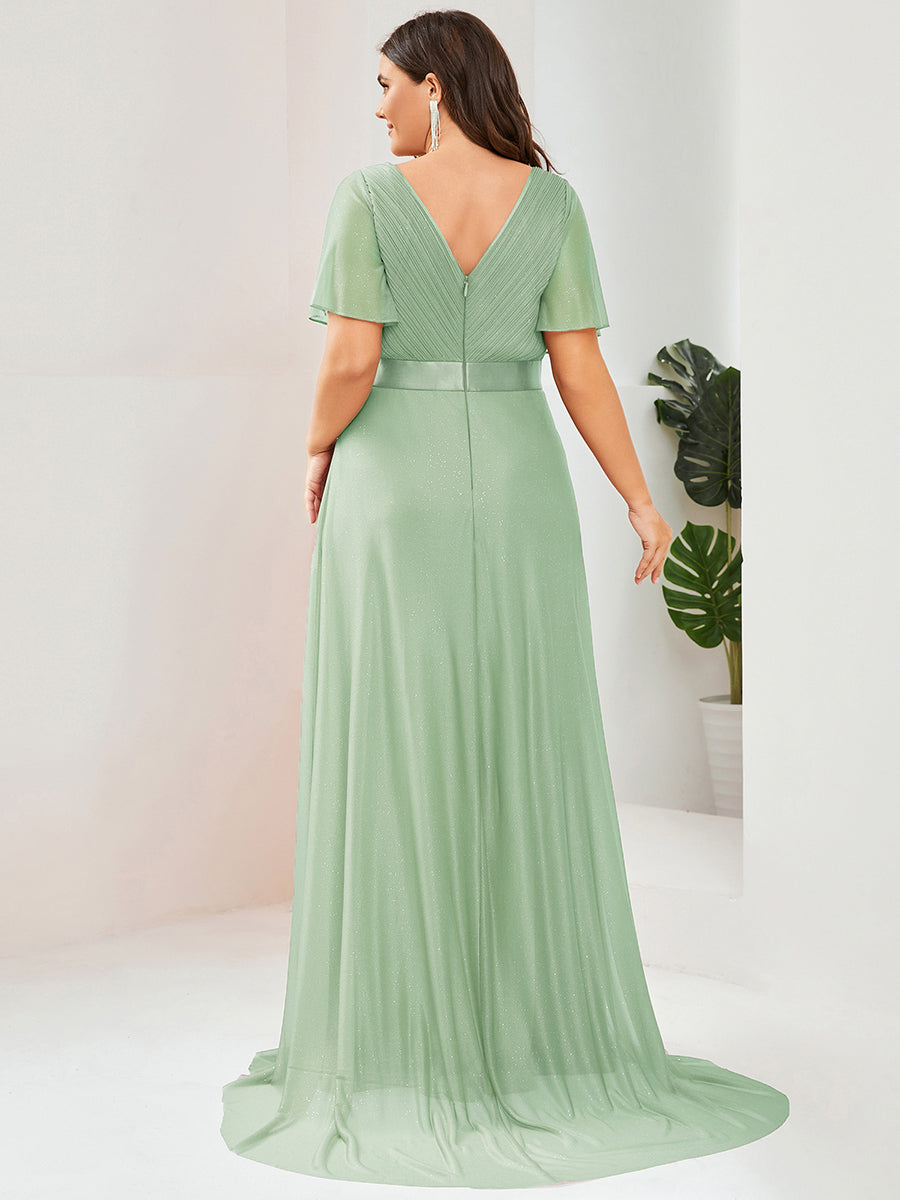 Robe de soirée longue scintillante à col en V et à manches flottantes #Couleur_Menthe Verte