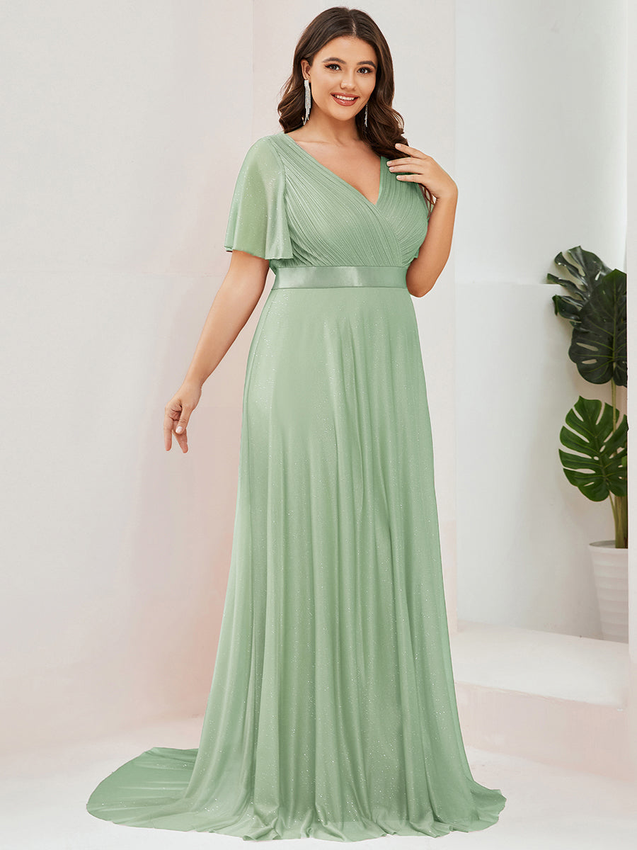 Robe de soirée longue scintillante à col en V et à manches flottantes #Couleur_Menthe Verte