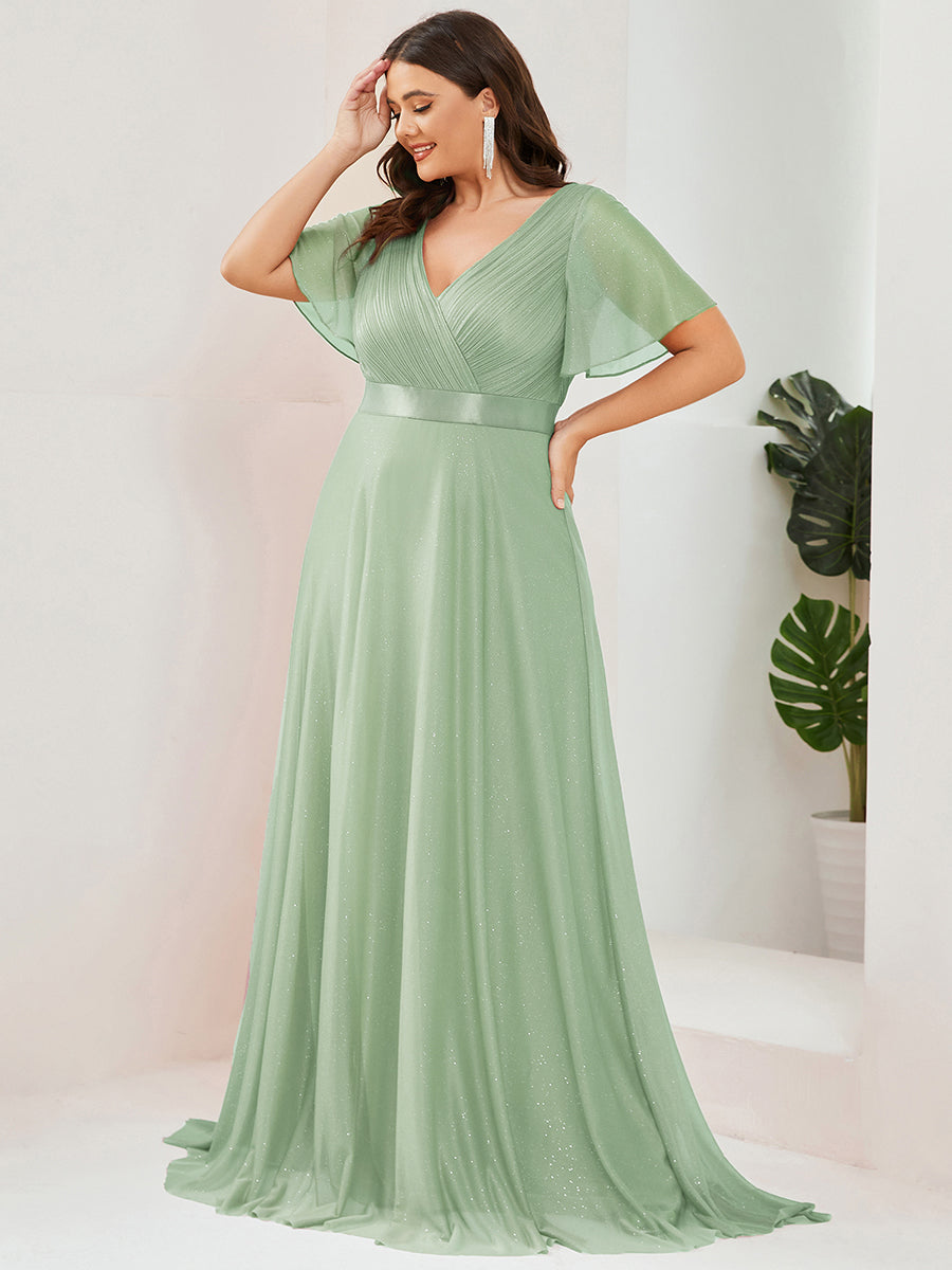 Robe de soirée longue scintillante à col en V et à manches flottantes #Couleur_Menthe Verte