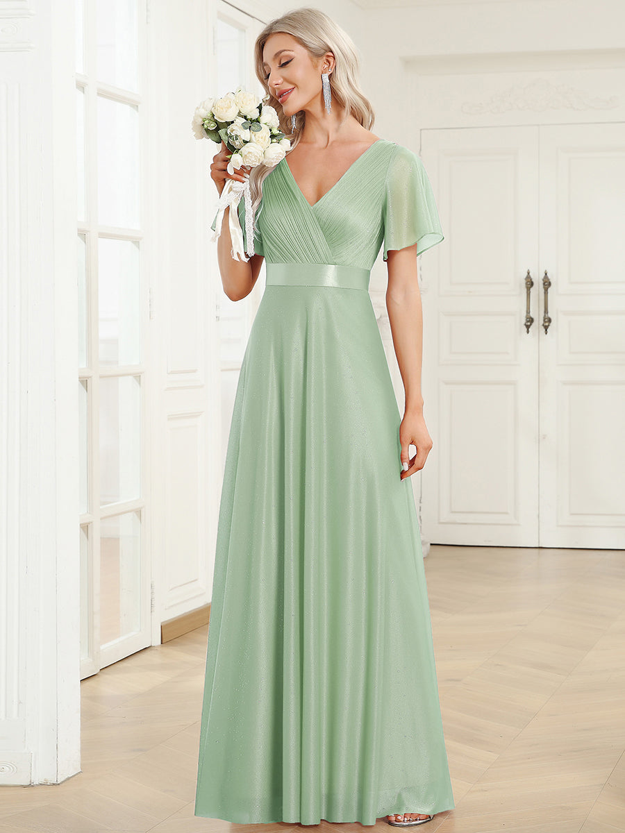 Robe de soirée longue scintillante à col en V et à manches flottantes #Couleur_Menthe Verte